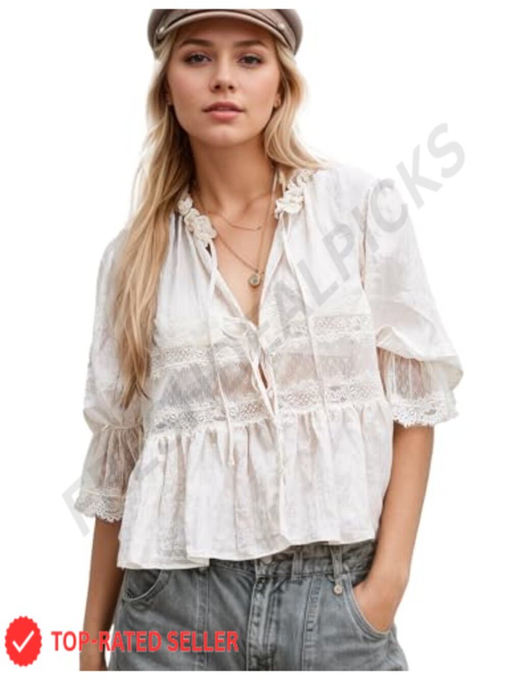 Women's Sheer Lace Tie Front Boho Peasant Blouse Short Sleeve Crop Top